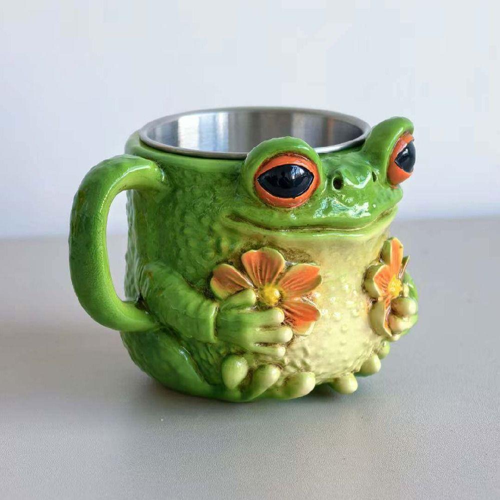 Resin Frog-Shaped Coffee Cup Anti Slip Cartoon Water Cup Safe Frog Floral Pattern Mug Juice