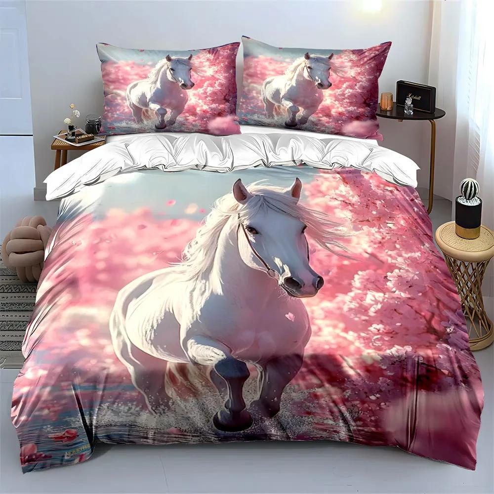 White Horse Sakura Scene Decor Soft Comfortable Duvet Cover Bedding Set Included 1*Duvet Cover & 2*Pillowcases gift