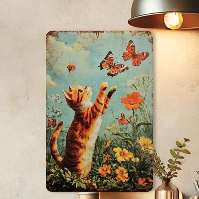 Metal Poster Wall Art Retro Cat Butterflies Vintage Tin Sign Home Decor