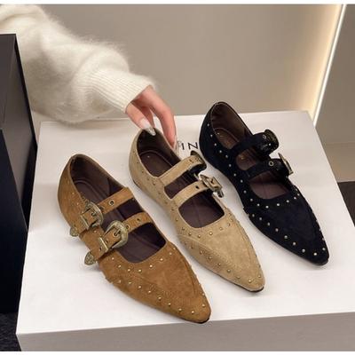 Vintage Design Pointed End Women Flats Shoes Fashion Double Row Belt Buckle Shoes Ladies Outdoor Mary Jane Shoes Zapatos Mujer