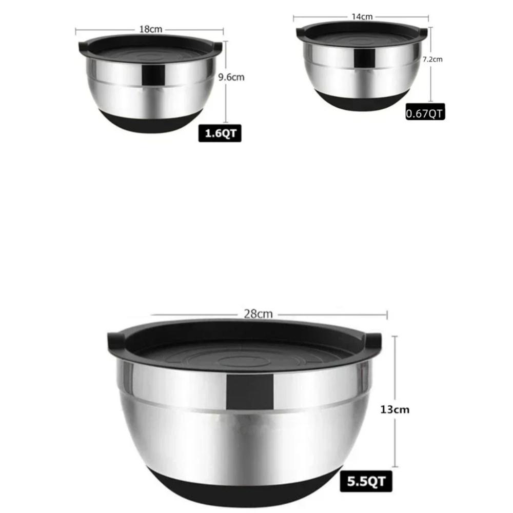Mixing Bowls with Lids Stainless Steel Salad Bowls for Baking Cooking Airtight Lids Silicone Bottom Thickened Kitchen Tableware