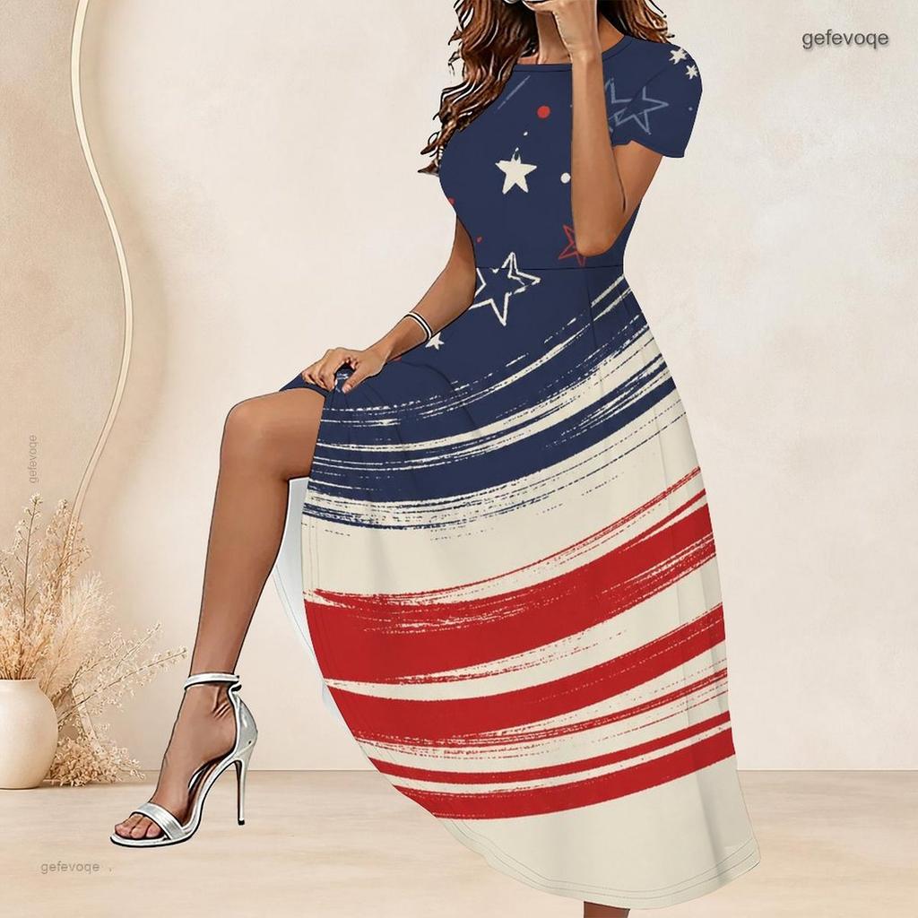 Women Plus Size Beige Round Neck Short Sleeve Printed Gathered Waist A Line Long Dress
