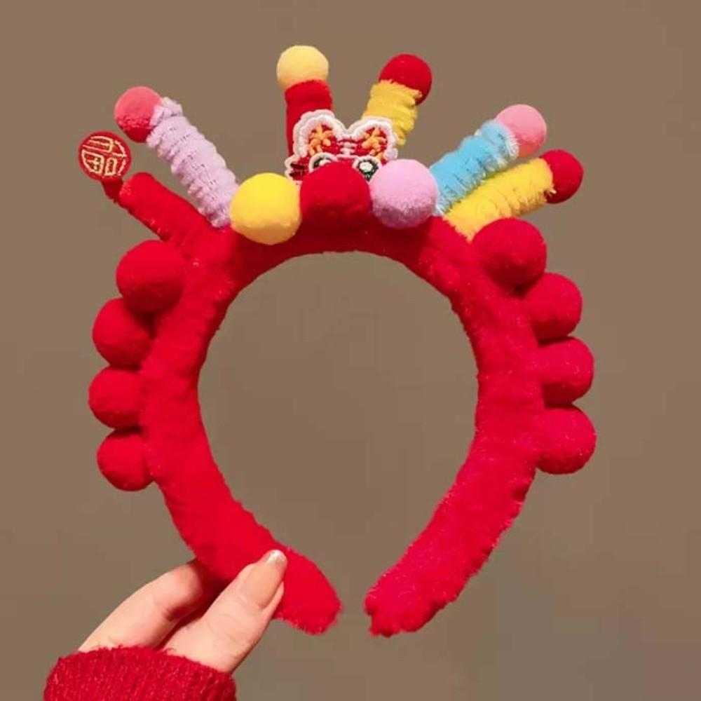 Embroidered Bow New Year Hair Hoop Lion Hanfu Hair Accessories Sweet Red Plush Headband  Kids