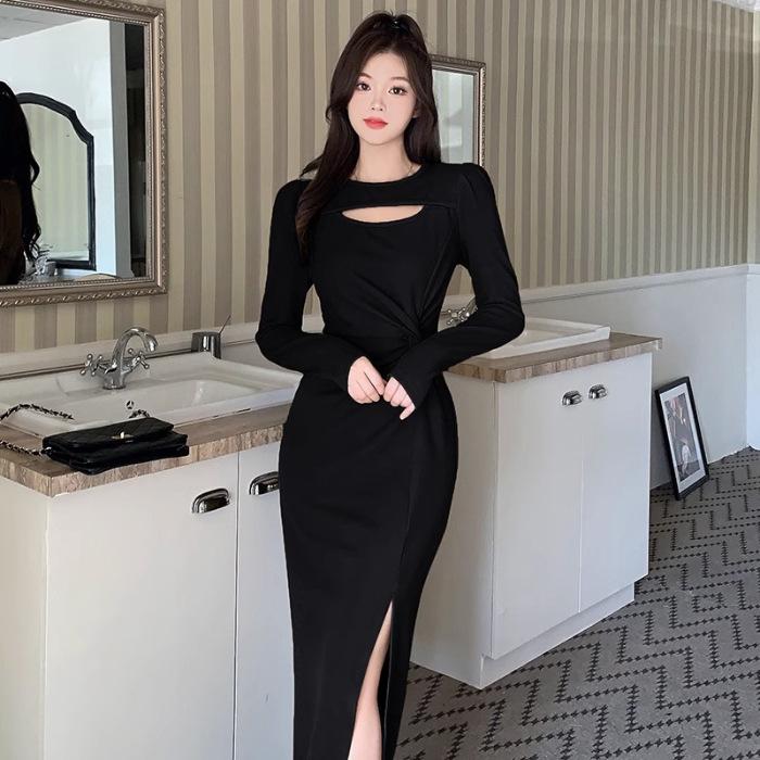 

Hepburn style black dress women s early spring waist design sense temperament Muse fan hollow pure split skirt S чёрный
