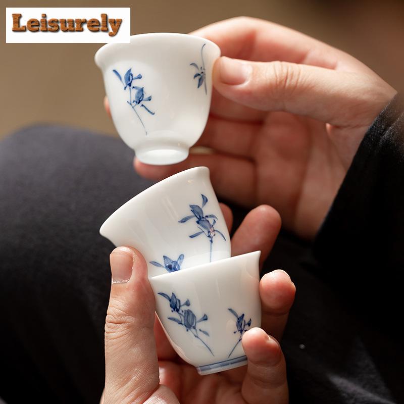 2pc/set Pure Hand-painted Butterfly Orchid Teacup Single Master Cup Small Flower Meditation Cup Set of Cups Mugs Kung Fu Teaware