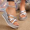 Cross Strap Wedge Heel Sandals for Women Summer 2025 Silver Chunky Platform Slippers Woman Anti Slip Thick Sole Slides Plus Size