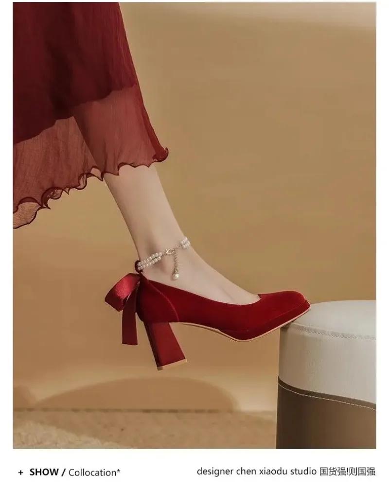 2024 New Red Bow Pearl Mary Jane Platform Waterproof Lolita Heels for Women Chunky Wedding Shoes Single Shoe