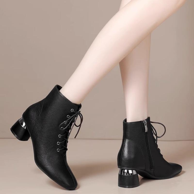 Ji Thick Heel Short Boots Women'S Head Lace-Up Leather Shoes Medium Heel Retro Black Boots