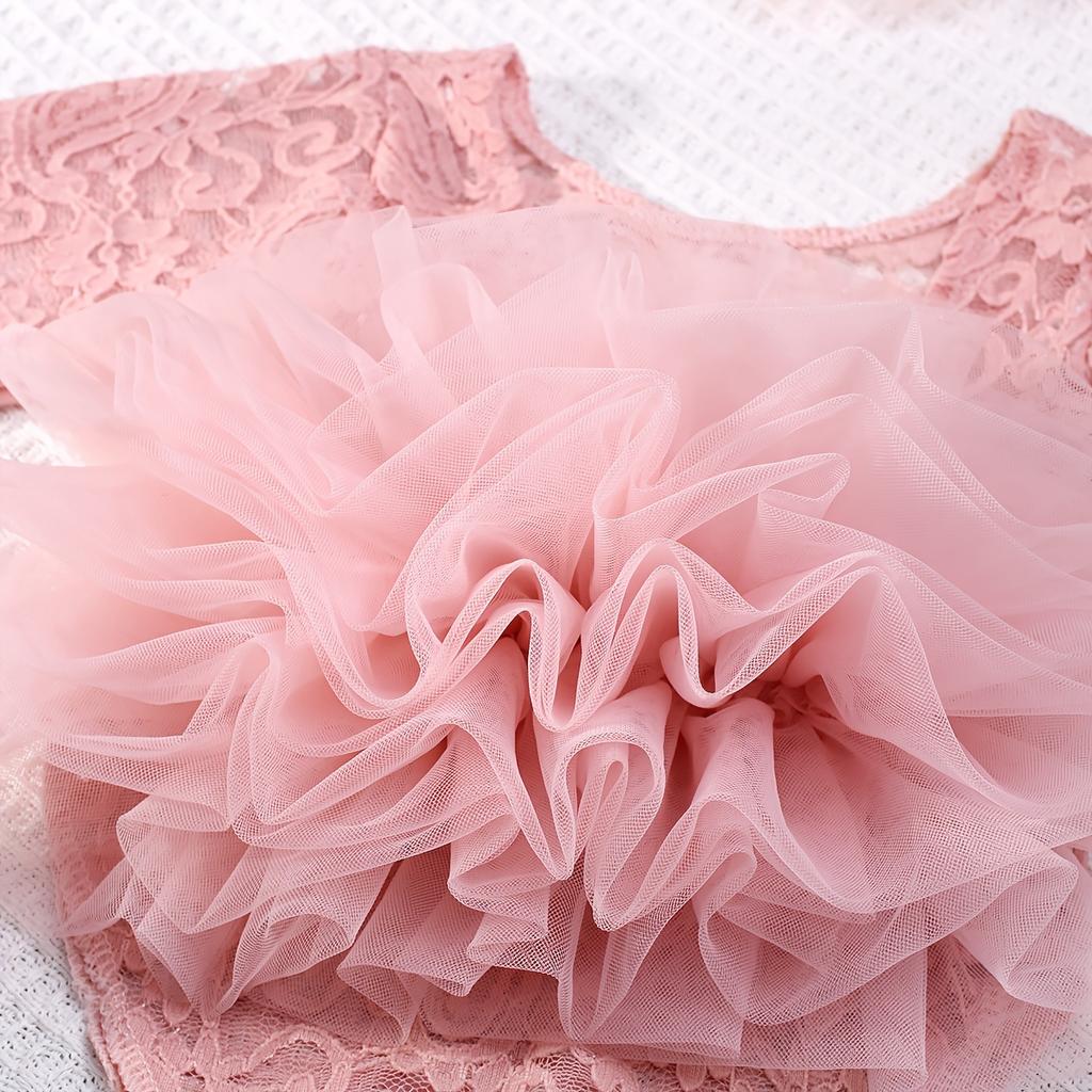 Set 2 Pezzi Tutù in Pizzo e Fascia per Neonato - Rosa Poliestere Outfit Fotografico con Dettagli Floreali Shooting Fotografico per Bambini