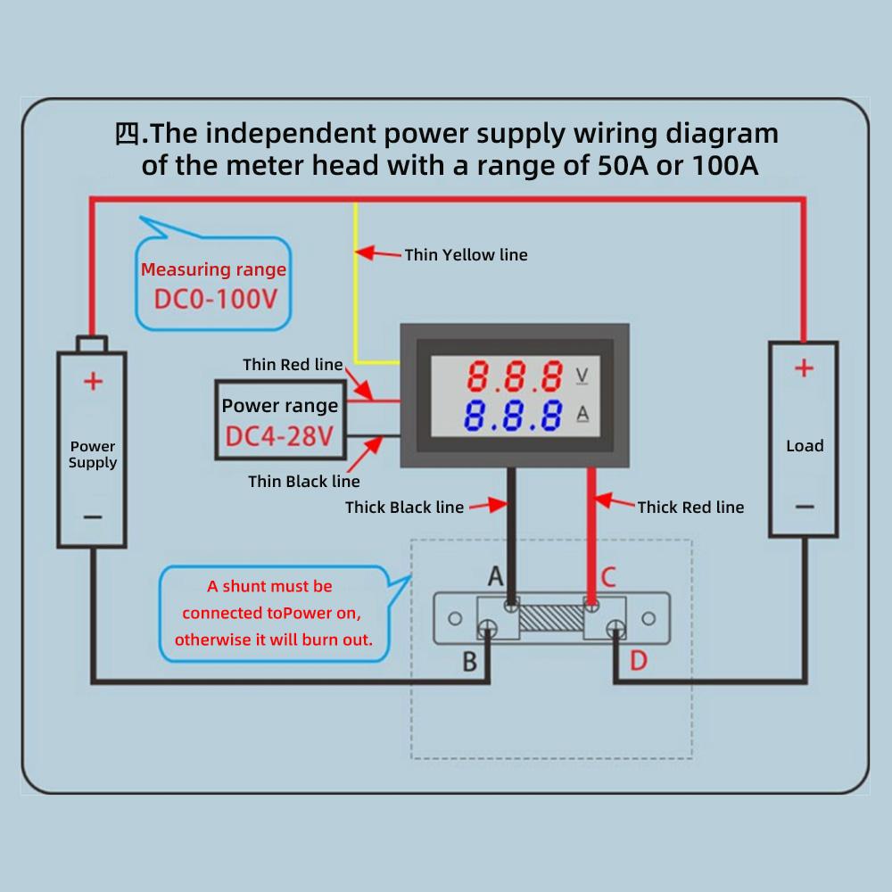 DC 0-100V 50A Digital Voltmeter Ammeter Dual Display Voltage Detector Current Meter Panel Amp Volt Gauge Red Blue LED DC4-28.0V