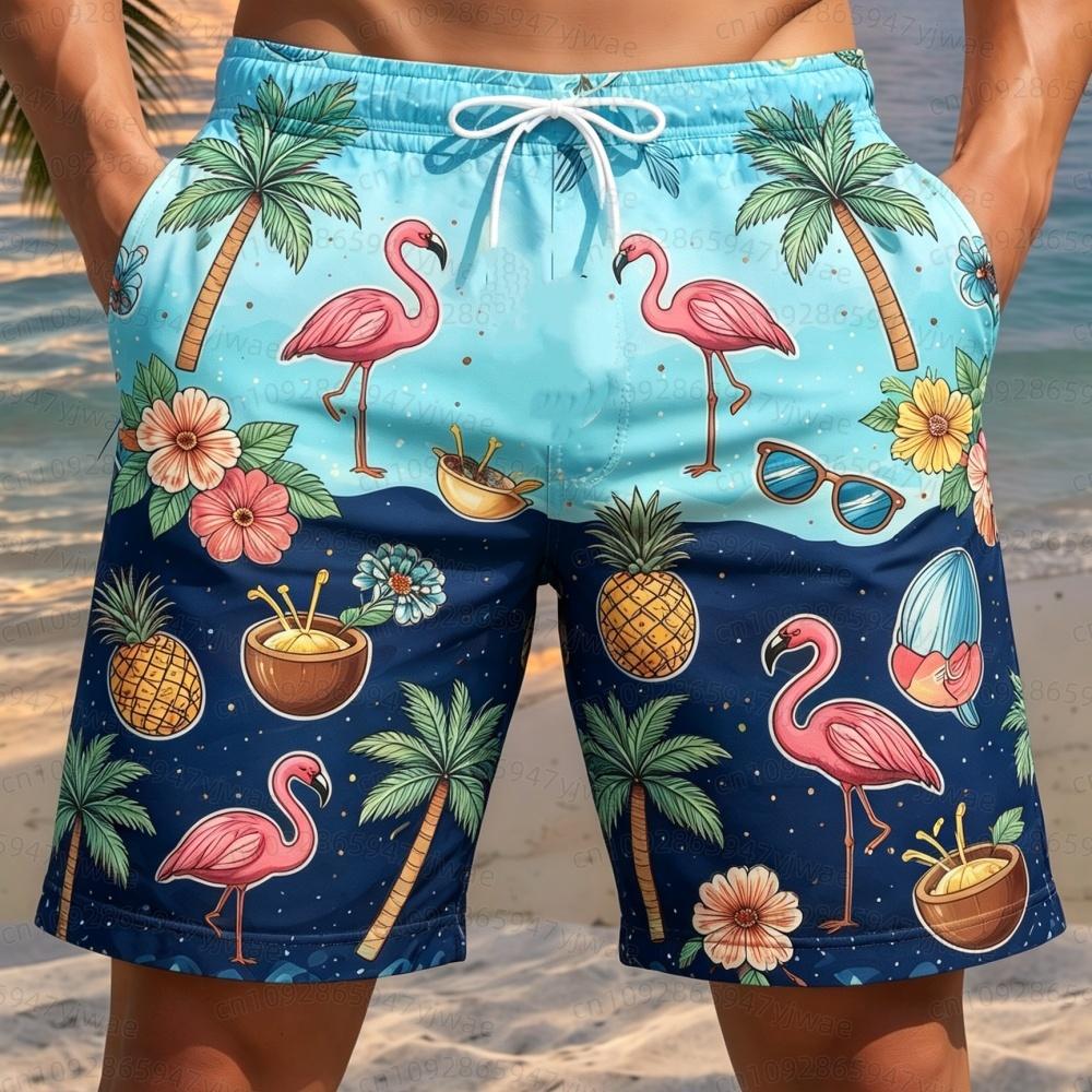 26 Summer Mens Beach Shorts Mens Swim Trunks Flamingo Coconut Tree Print Trunks Elastic Waist 3d Print Men Beach Shorts Pants