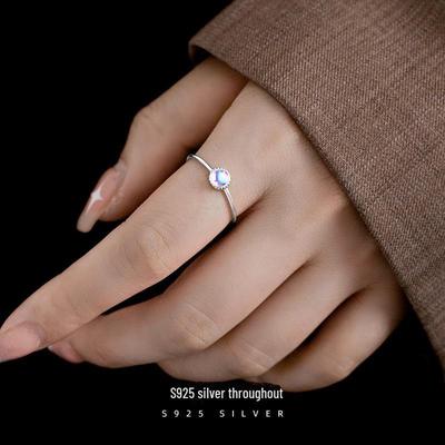 Banyan Tree S925 Silver Adjustable Moonstone Beaded Ring for Women