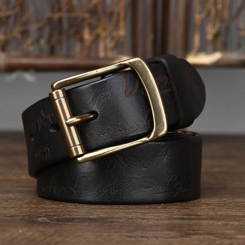 

3,8 см мужской высококачественный ремень из натуральной кожи с лазерной гравировкой, латунная пряжка, ремни из чистой коровьей кожи, винтажный ремень для мужских джинсов 125cm чёрный