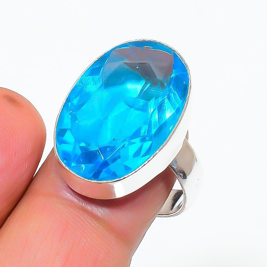 Natural Blue Topaz Gemstone Handmade 925 Sterling Silver Jewelry Ring Size 7 P3C98