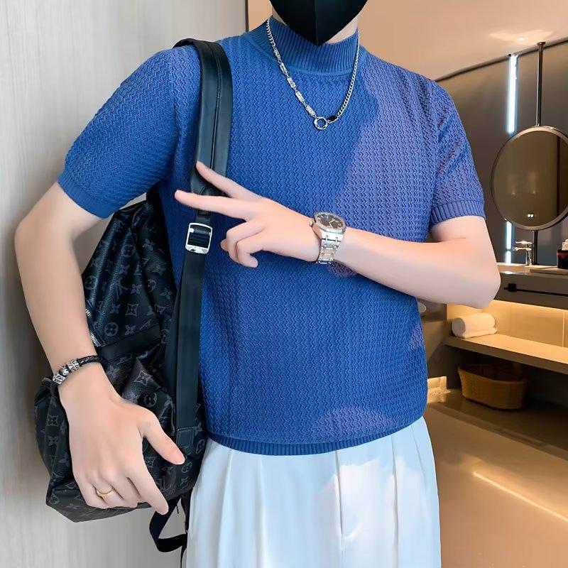 Men's Slim Fit Half Turtleneck Short Sleeve Knit Sweater - Spring/Autumn Solid Color Casual Top