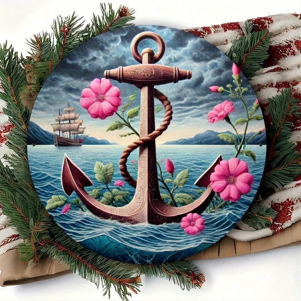 Nautical Anchor Sailboat Floral Metal Wall Art 8 Inch Round Iron Decor For Home Kitchen Cafe Hanging