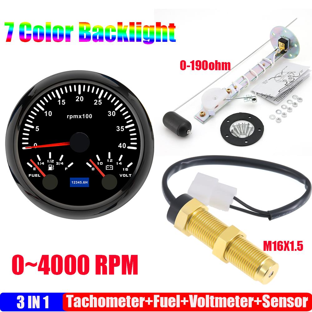 85mm Auto Car Gauge 3-in-1 Tachometer Fuel Level Voltmeter 7 Color Light Multimeter with Sensor 0-190ohm Boat/Yacht 12V