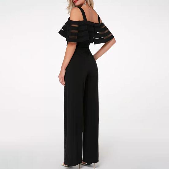 Women Jumpsuit Sexy Off Shoulder See-through Mesh  Solid Color Strappy Summer Ladies Casual Wide Leg Pants Long Romper Overall Womenswear