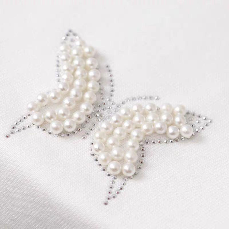 Women's Summer 2025 Butterfly Rhinestone Knitted Top - Ice Silk Short Sleeve, Versatile Round Neck T-Shirt