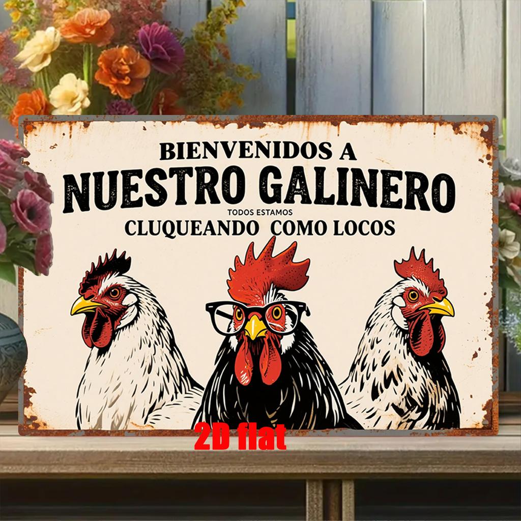 Funny Spanish Chicken Metal Tin Sign Bienvenidos a Nuestro Galinero Retro Wall Decor for Farmhouse Kitchen Chicken Coop