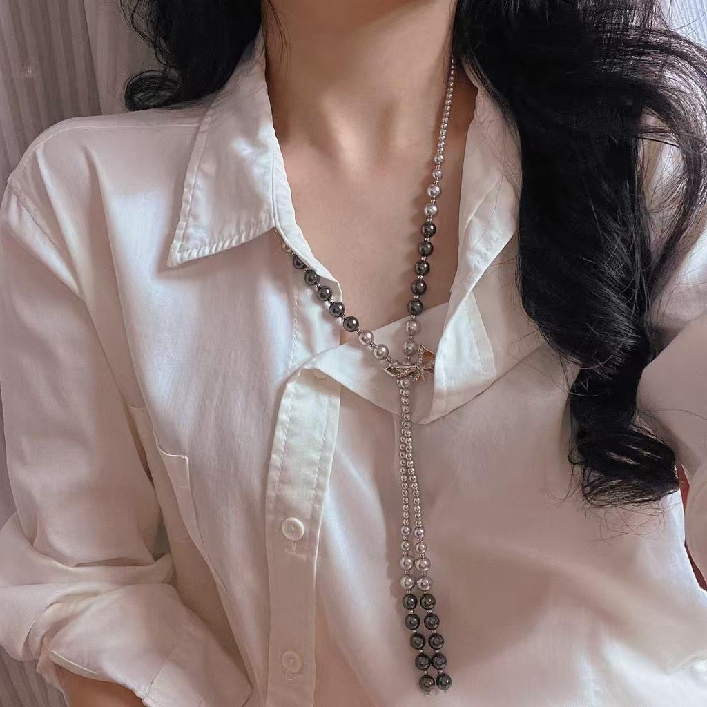 Retro Romantic Tassel Gradual Change Atmosphere Artificial Imitation Australian White Pearl Sweater Chain Necklace Collarbone Chain