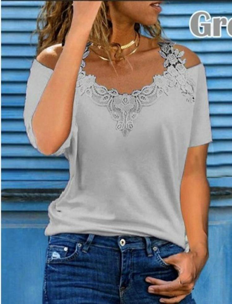 American Style European Women's Casual Loose V Neck Short Sleeve T Shirt with Lace Splice