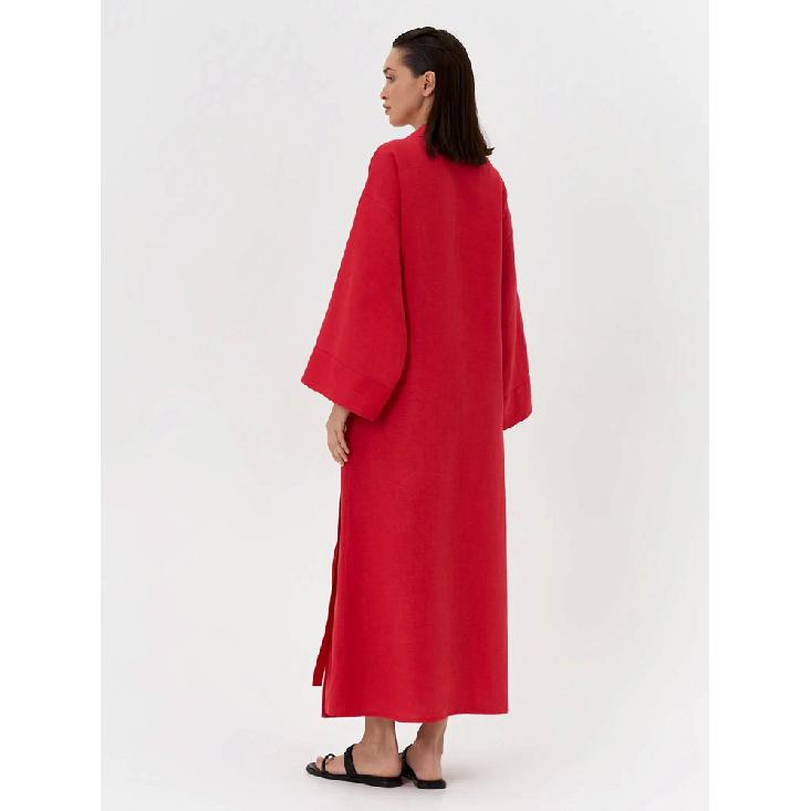 Sommer Neues Damen Stilvolles Rotes Leinen Wickel Maxi Kleid Revers Kimono Ärmel Gürtel Lange Robe Elegantes Schickes Kleid