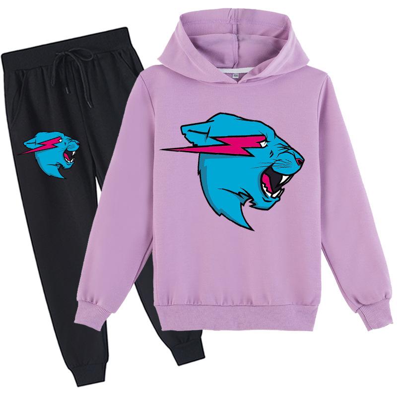 Fashion Mr Beast Lighting Cat Childrens Boys Sweater Cotton Hoodies and Pants Sets