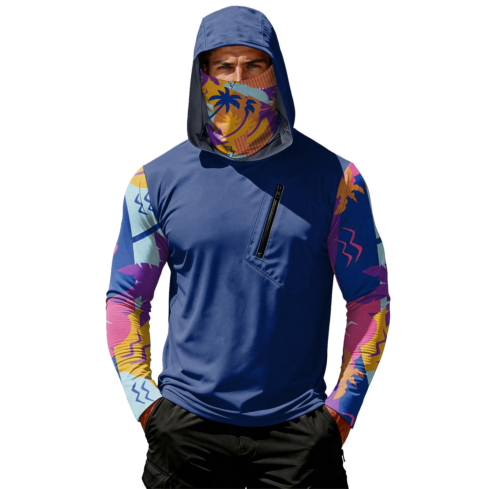 

Long Sleeve Hooded T Shirt for Men with Chest Zipper Pocket Lightweight Pullover Casual Top with Printed Sleeves and Neckline M фиолетовый