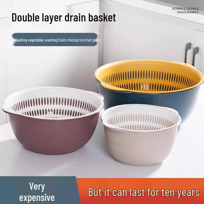 Six-Piece Double Layer Vegetable Washing Basin & Colander Set - Kitchen & Living Room Wash Basket