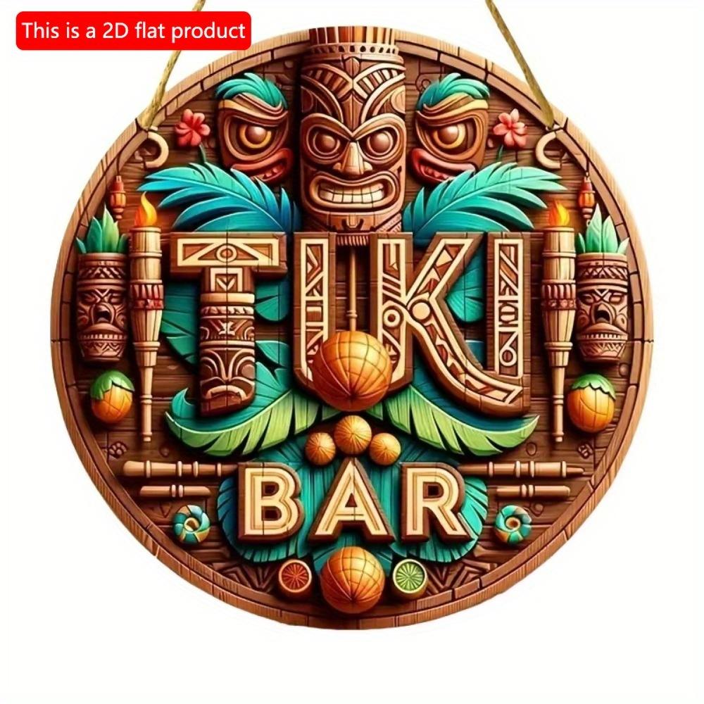 1pc 2d Flat Hawaiian Tiki Mask Bar Sign - 20cm Round Wood Art Decoration for Home, Garage, Cafe, Restaurant, Bar, BBQ, Beach, Resort Decoration