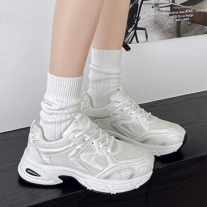Spring and Autumn New Thick Sole Shallow Mouth Breathable Lace-up Match Color Sneakers Fashion Comfortable Casual Women's Shoes