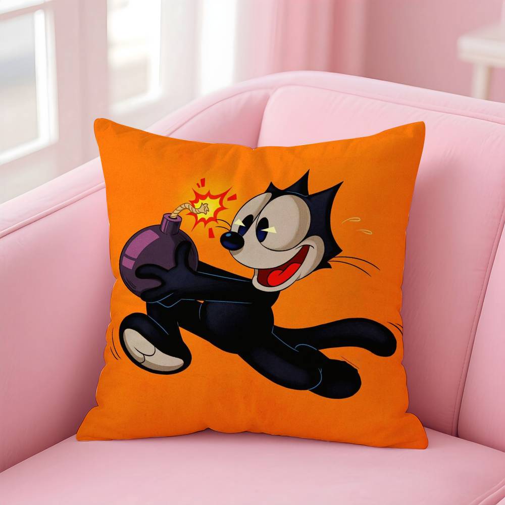 F-Felix The Cat Exquisite Pillow Case Anti-dustmite Pillow Invisible Zipper Silky Short Plush Sofa Cushion Cover