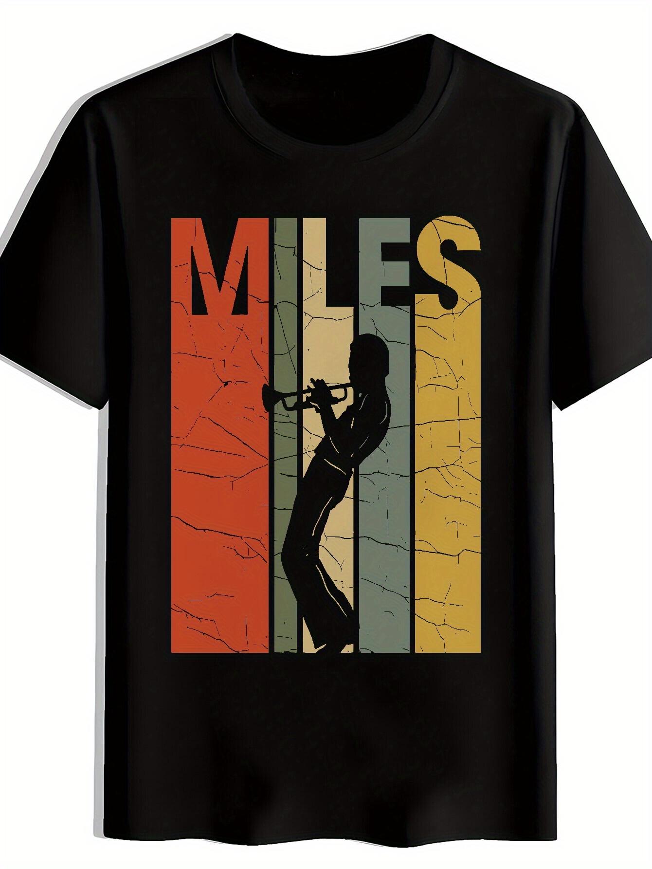 T-shirt Miles Davis-Inspired Graphic - Black Casual Summer Tee with Jazz Silhouette & Colorful MILES Print XL