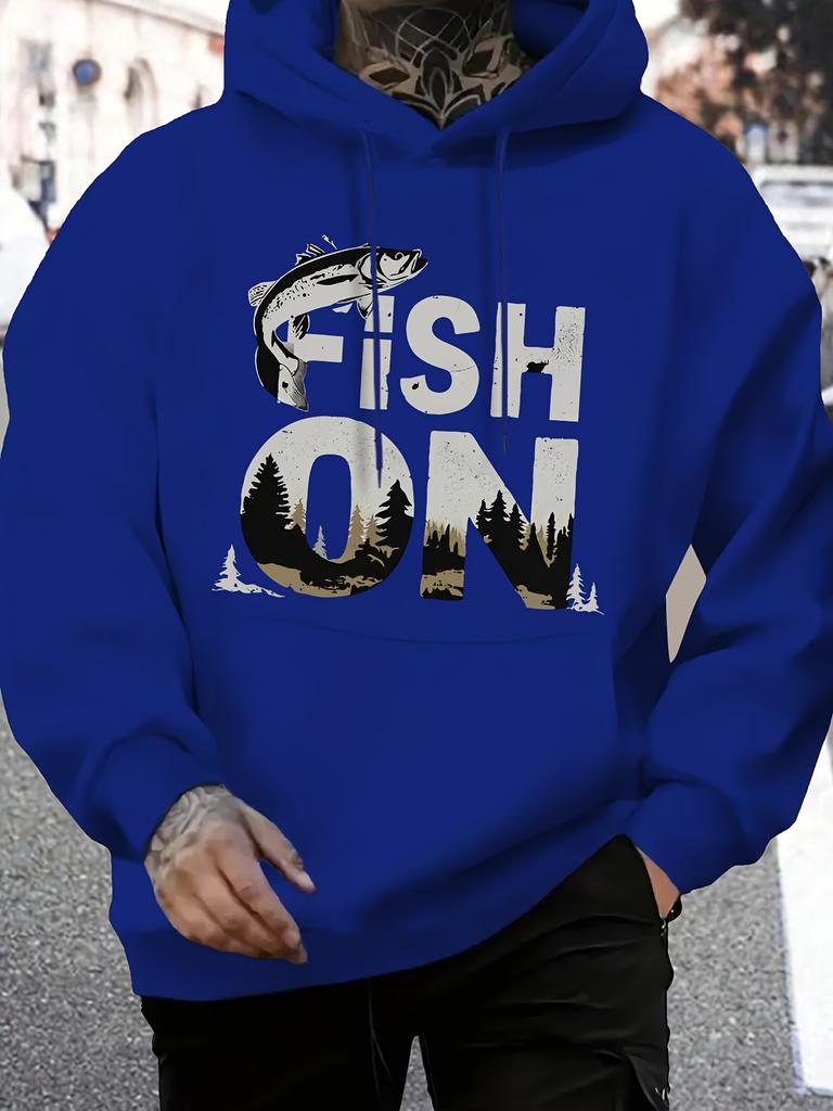 Men's Minimalist Fish Graphic Hoodie Winter Warmth Relaxed Fit Drawstring Hood  Casual Pullover Autumn Outerwear