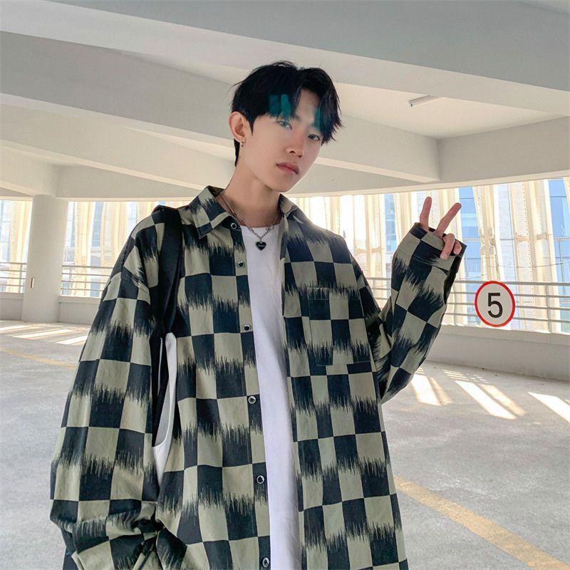 Checkerboard Shirt Men's Long-sleeved Trendy Handsome Large Size Shirt Versatile Casual Jacket