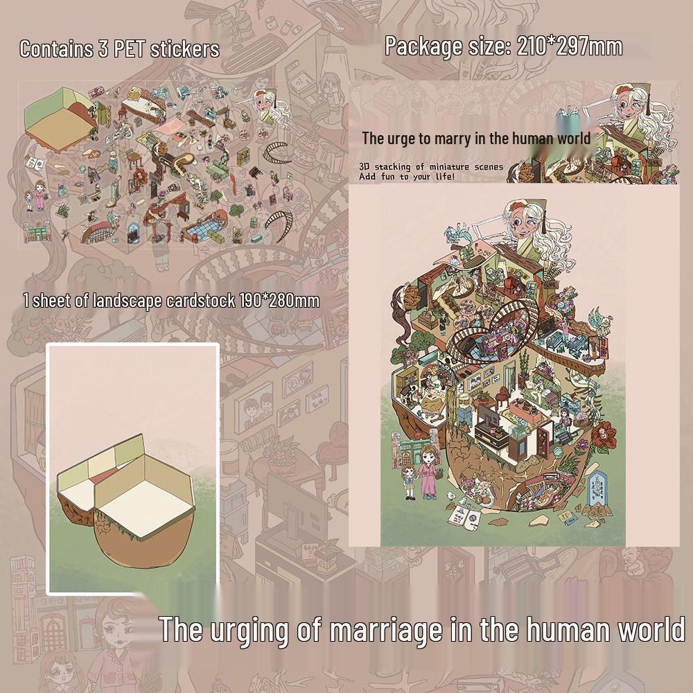 3 Large PET Sheets: Worldly Love Scenery Stickers for DIY Miniature World and Stress Relief Journals