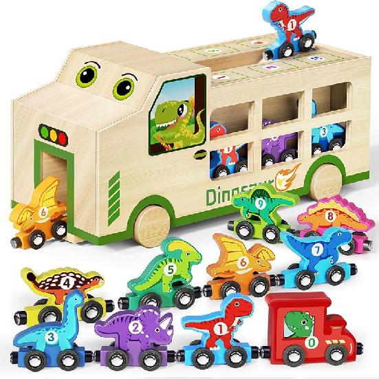 GJZZ Wooden Dinosaur Truck & 10 Magnetic Wooden Dinosaur Train Set | Montessori STEM Toys for Kids 2-5 Years | Toddler Learning Toys, Birthday Gifts Wooden Dinosaur