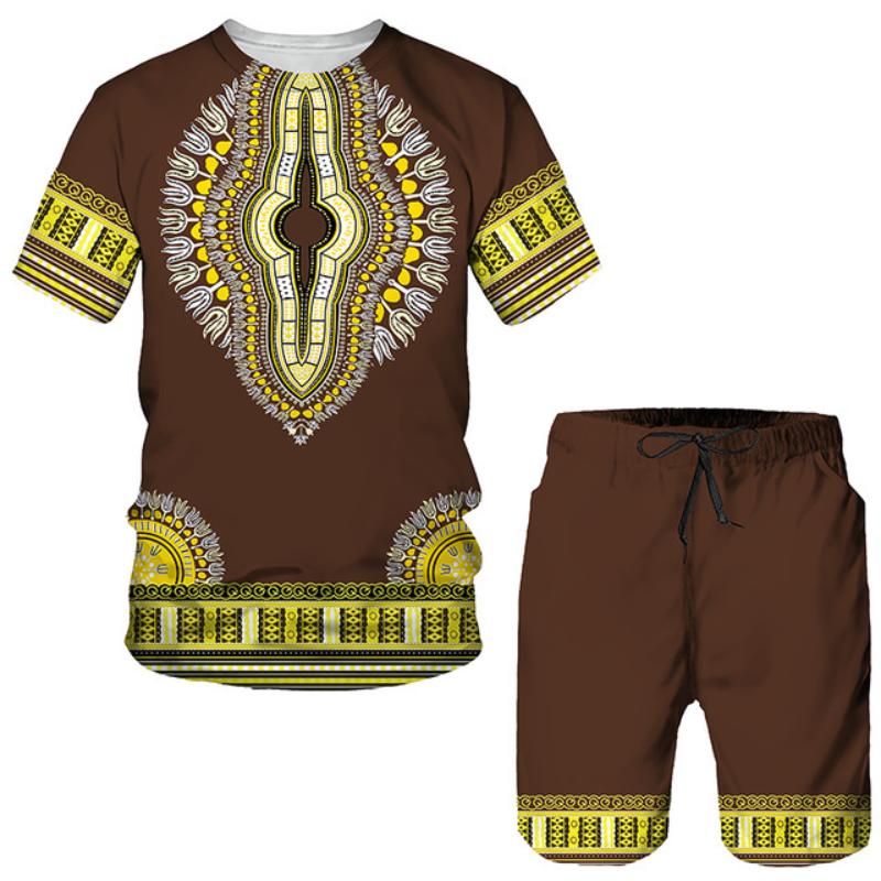 

Men s 3D Printed Sports Two-Piece Set O-Neck T-Shirt Vintage Pattern Printing Casual Fitness Short Sleeve Tops Shorts 6XL