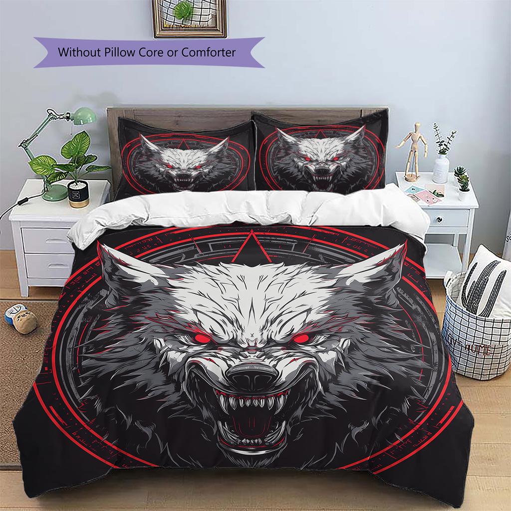 Red-Eyed Wolf  Pattern Bedding Quilt Set Quilt Cover Pillowcase Home Decoration  Gift (1 * Duvet Cover + 2 * Pillowcase, Without Core)