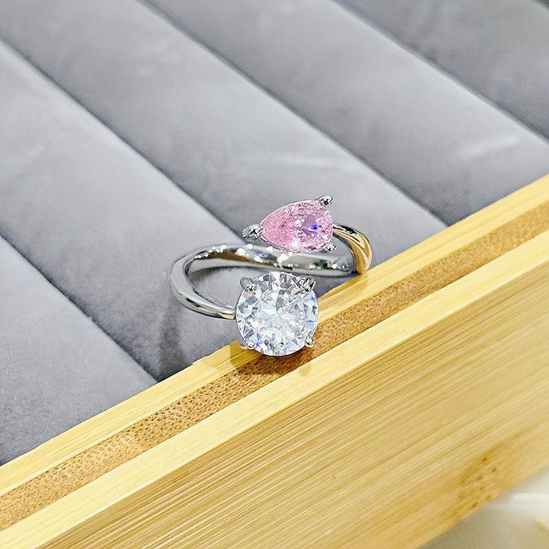 Fashion Cross Double-Row Pink And White Zir*****Pening Adjustable Ring Temperament Color Treasure Exquisite Niche High-End Ring