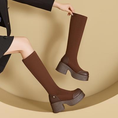 8570-8572 Height-increasing Suede Boots Women's Autumn and Winter New Korean Version of Tube Boots Fashionable Versatile Elastic Thin Boots Tide