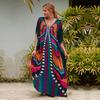 EDOLYNSA Multicolored Kaftan Bohemian Printed V-neck Batwing Sleeve Maxi Dress Women Beachwear Half Sleeve Maxi Dress Robe Q1342