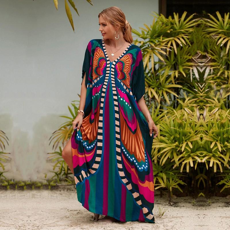 EDOLYNSA Multicolored Kaftan Bohemian Printed V-neck Batwing Sleeve Maxi Dress Women Beachwear Half Sleeve Maxi Dress Robe Q1342