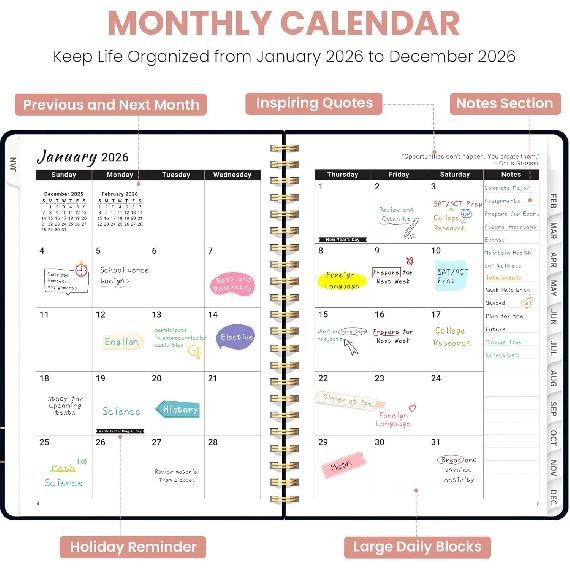2026 Planner, Weekly and Monthly Planner for Women, Jan 2026 - Dec 2026 Pretty 2026 Calendar Planner with Monthly Tabs, Inner Pocket, Spiral Binding,
