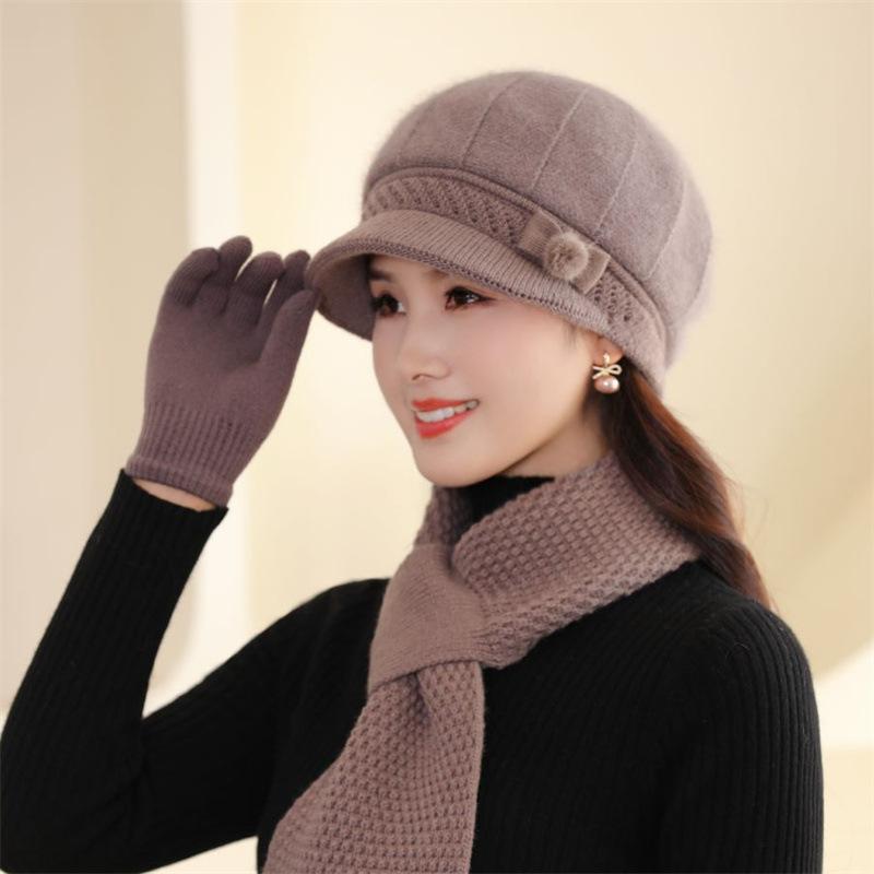 Women's winter velvet thickened cold and warm knitted wool hat middle-aged and elderly rabbit hair mother hat scarf gloves