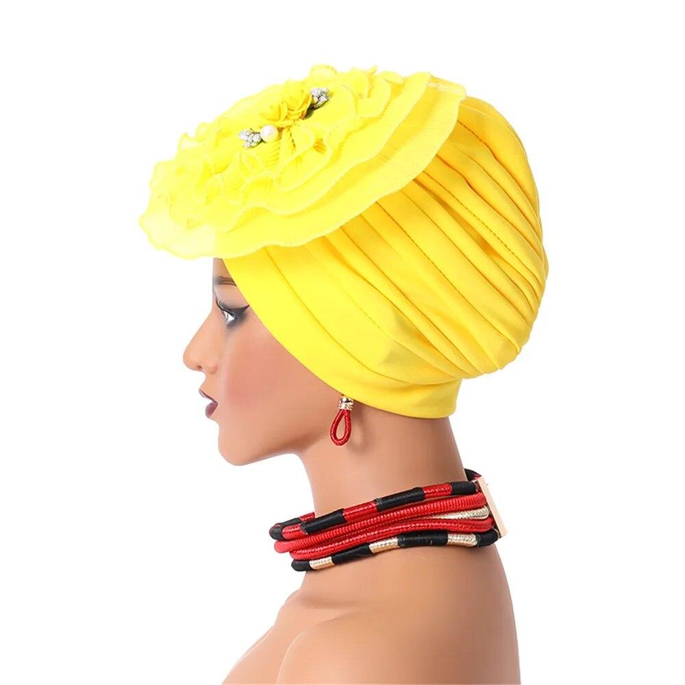 Ruffled Flower Women Turban Cap Female Head Wraps