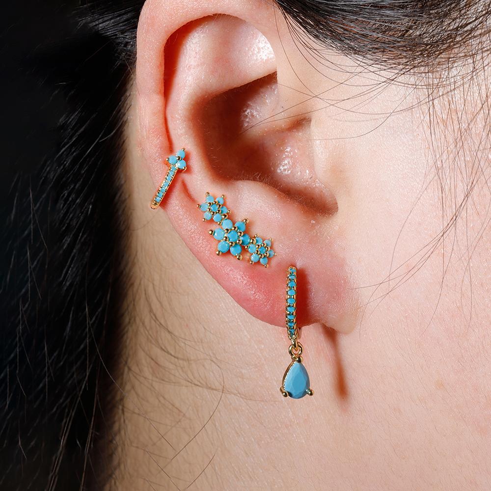 Vintage Blue Turquoise Water Drop Hoop Earring Set For Women Geometric Stainless Steel Flower Piercing Earring Christmas Jewelry