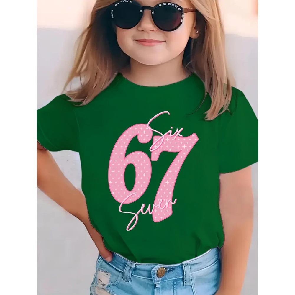 Tricou Fete cu Imprimeu Număr 67 Mânecă Scurtă Gât Rotund Top Casual Tricouri Vară Confortabil Modă Îmbrăcăminte Copii