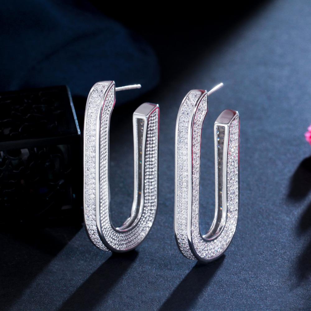 Trendy Geometric Half Round Sparkly Cubic Zirconia Pave Silver Plated Hoop Earrings for Women Party Jewelry